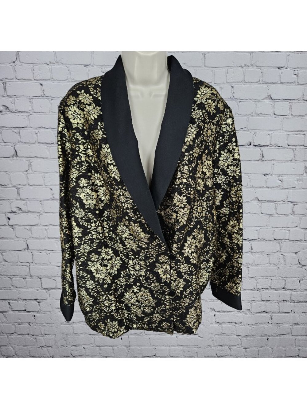 VTG Teddi Of California Black Gold Metallic Floral Button Lightweight Jacket M